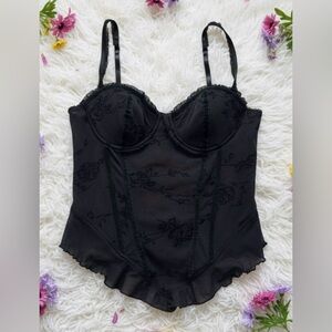 Intimately Flora Black Bustier Corse Sheer Lace Ruffle Trim Romantic Size Large